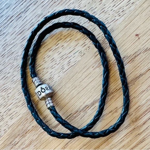 PANDORA BLACK DOUBLE WRAP BRAIDED BRACELET BARREL CLASP 18cm - Picture 2 of 4